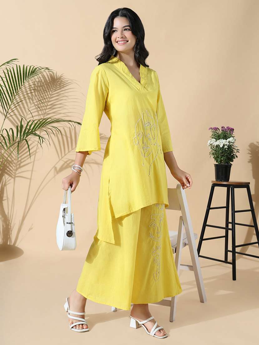 women yellow embroidered kurta palazzo set - 21842974 - Standard Image - 1