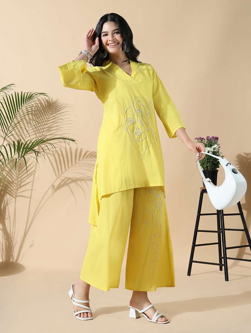 women yellow embroidered kurta palazzo set - 21842974 - Standard Image - 4