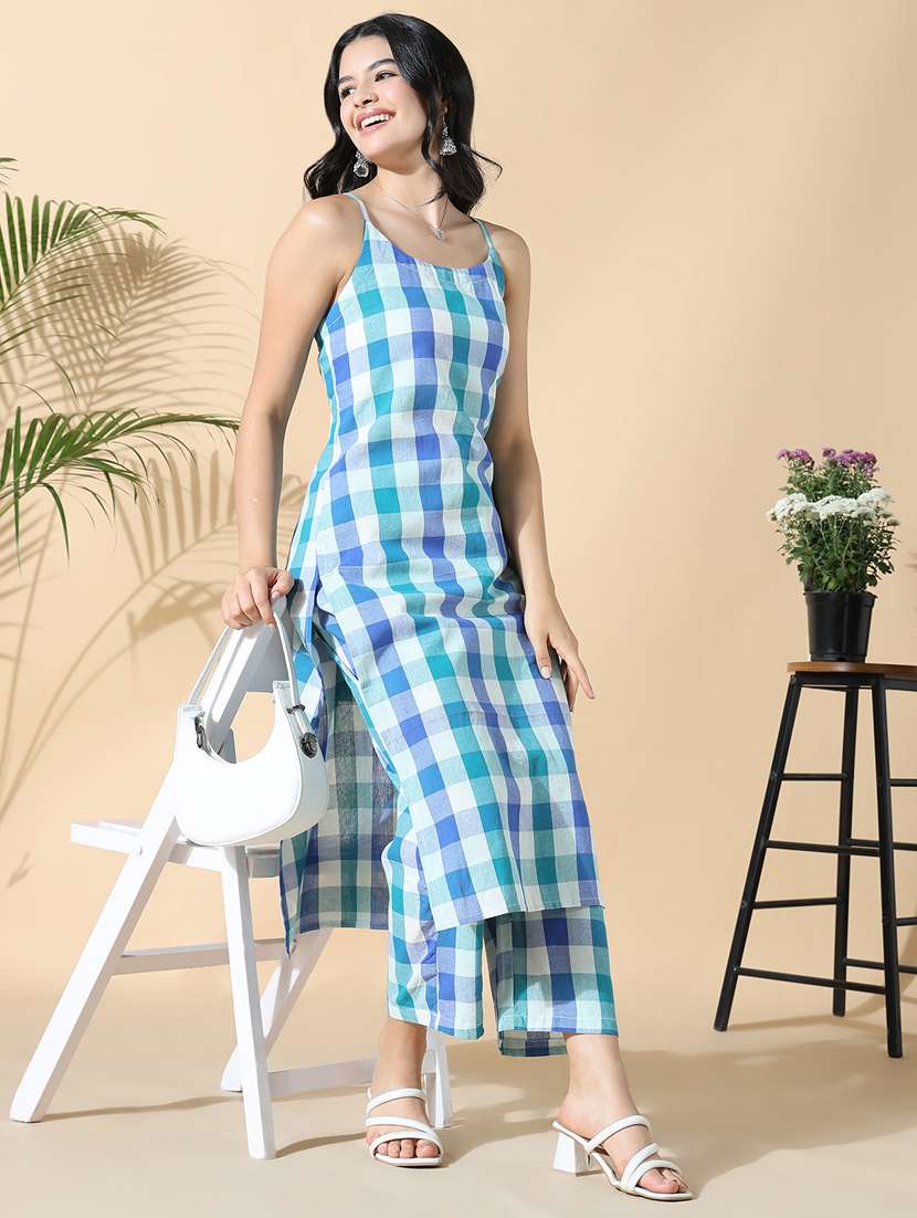 women blue checkered shoulder strap kurta pant set