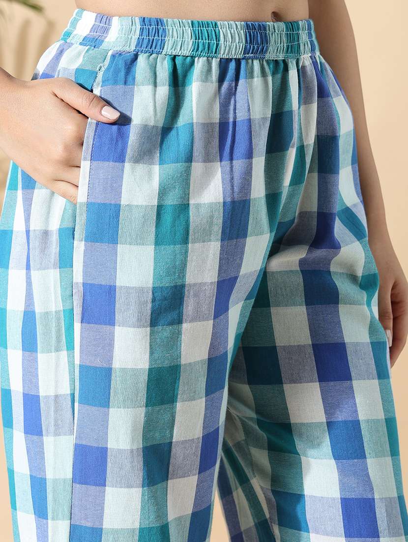 women blue checkered shoulder strap kurta pant set - 21842981 -  Standard Image - 6