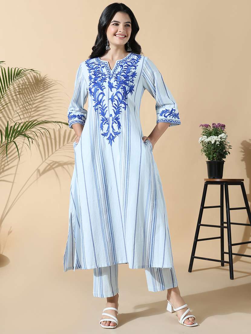 women blue three quarter sleeve kurta pant set