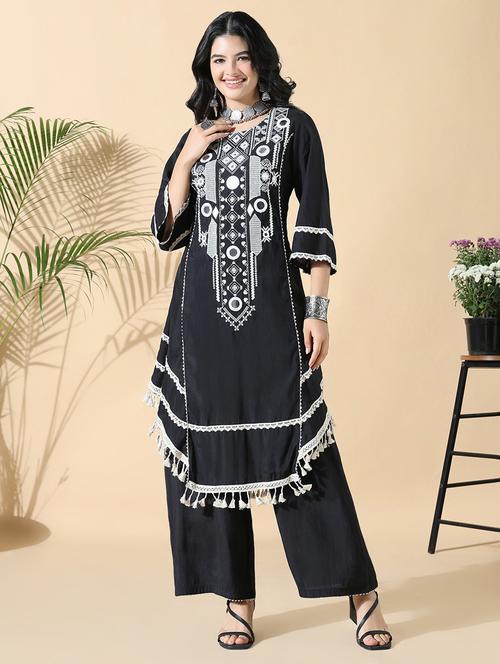 women black three quarter sleeve kurta palazzo set - 21842984 - Standard Image - 0