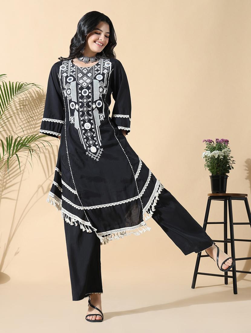 women black three quarter sleeve kurta palazzo set - 21842984 - Standard Image - 1