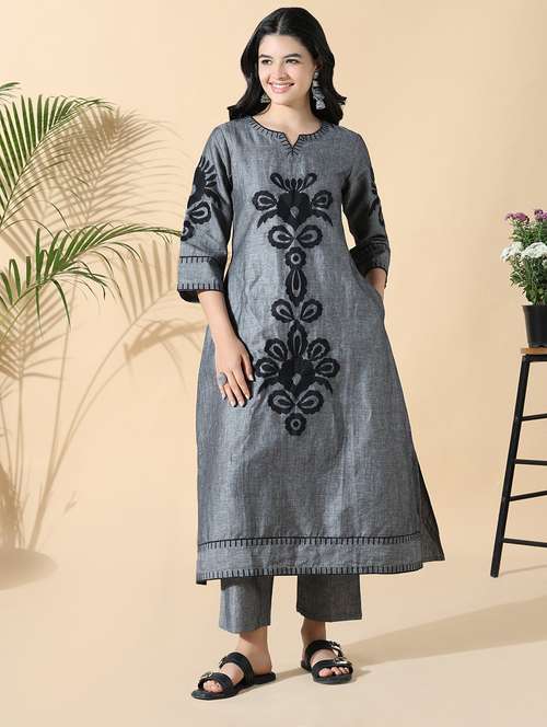 women grey three quarter sleeve kurta pant set - 21842985 -  Standard Image - 0