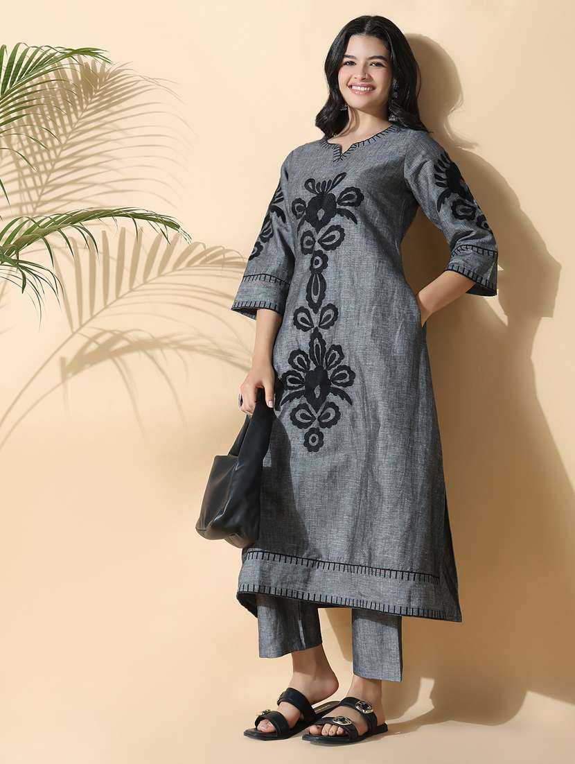 women grey three quarter sleeve kurta pant set - 21842985 -  Standard Image - 1