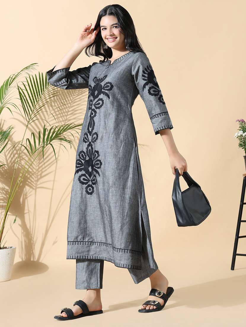 women grey three quarter sleeve kurta pant set - 21842985 -  Standard Image - 4