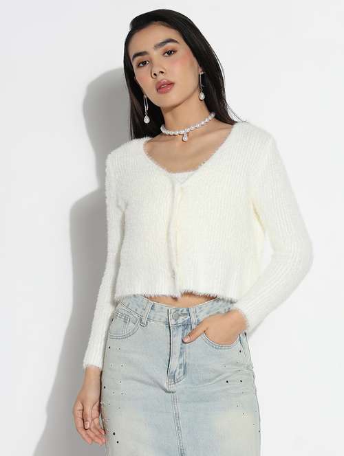 women solid long sleeves crop cardigan - 21842987 -  Standard Image - 0