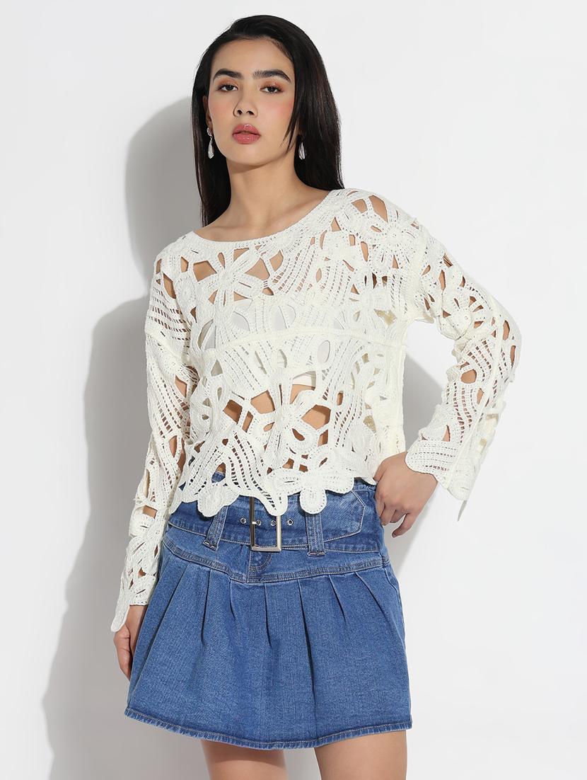 women long sleeves crochet crop top - 21842989 -  Standard Image - 1