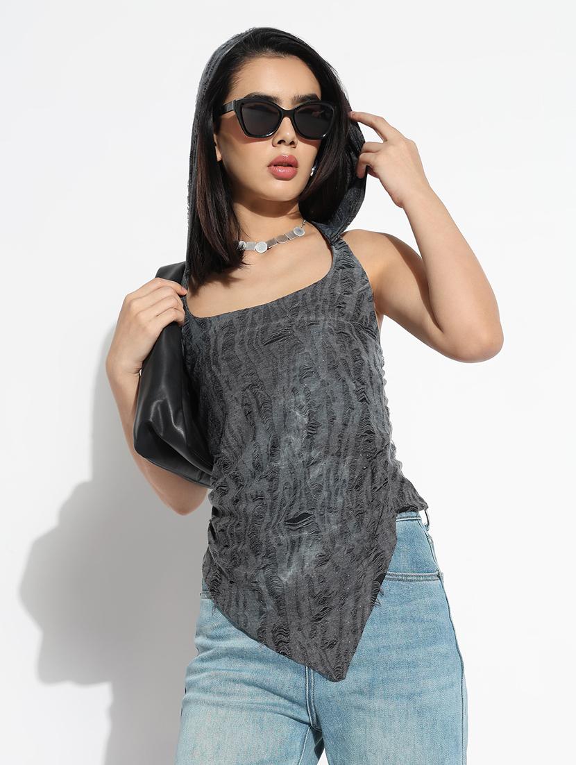 women self designed sleeveless hooded top - 21842990 -  Standard Image - 1