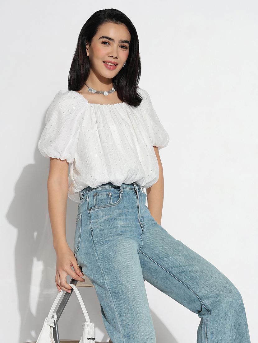 women embellished puff sleeves blouson top - 21842994 - Standard Image - 1