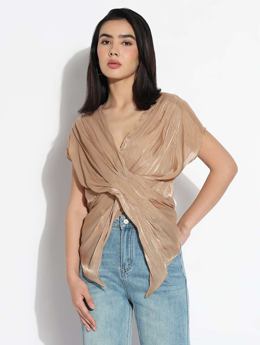 women solid overlap neck asymmetric top - 21842995 -  Standard Image - 1