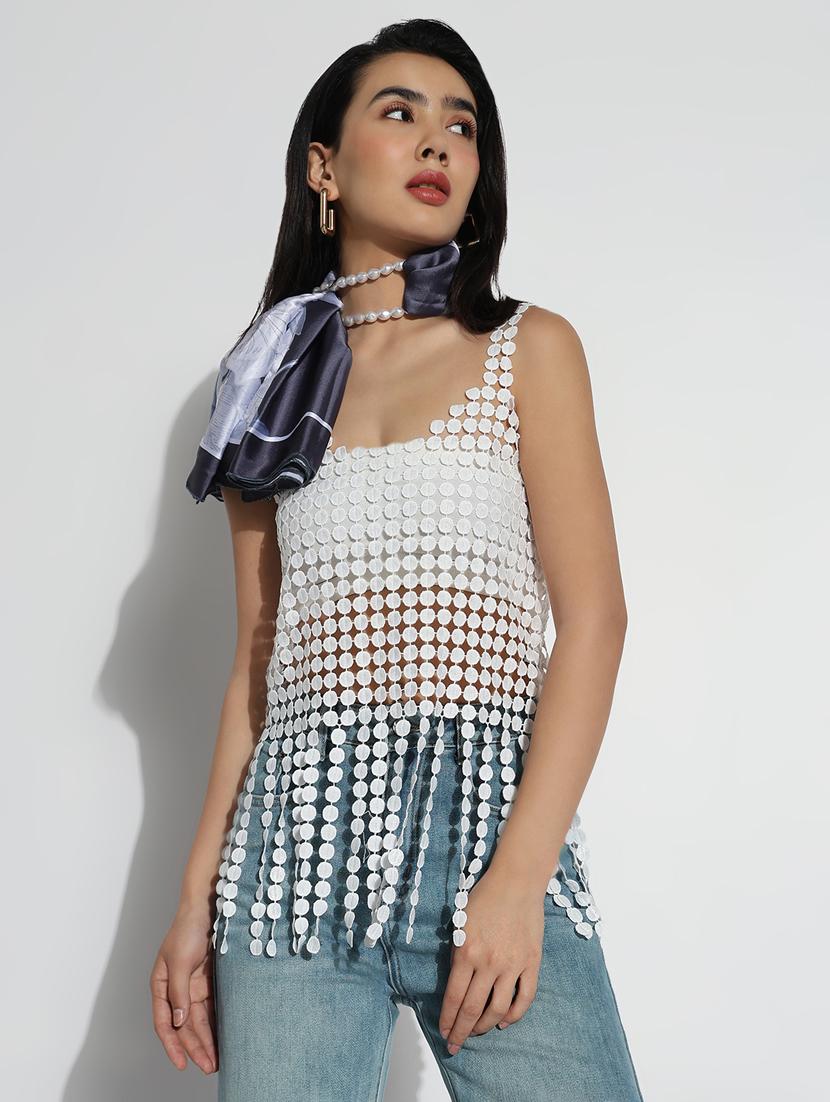 women solid shoulder strap sheer laec top - 21842998 - Standard Image - 1