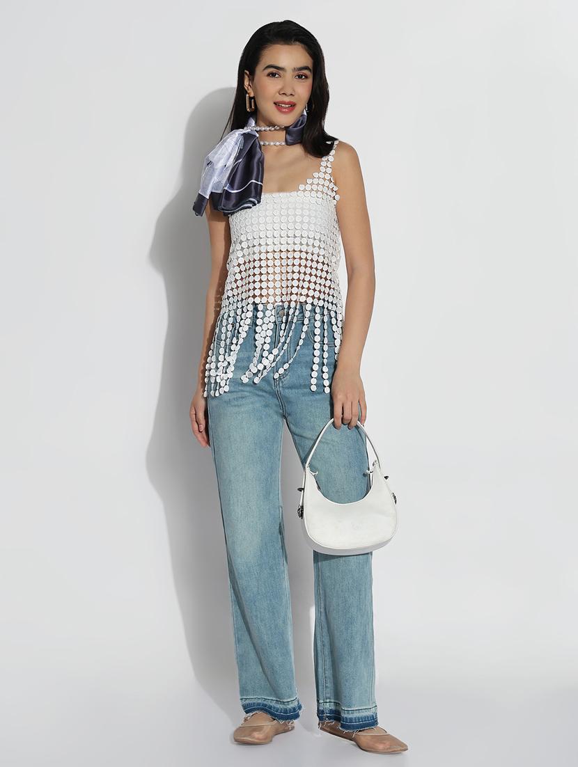 women solid shoulder strap sheer laec top - 21842998 - Standard Image - 4