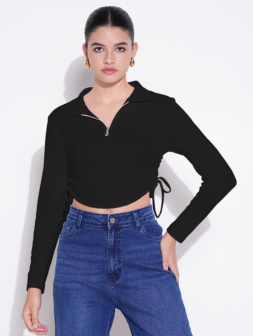 women solid collared ruched crop top - 21843006 - Standard Image - 1