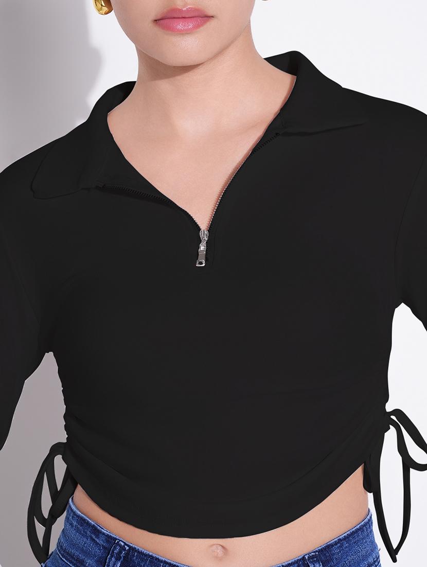 women solid collared ruched crop top - 21843006 - Standard Image - 4