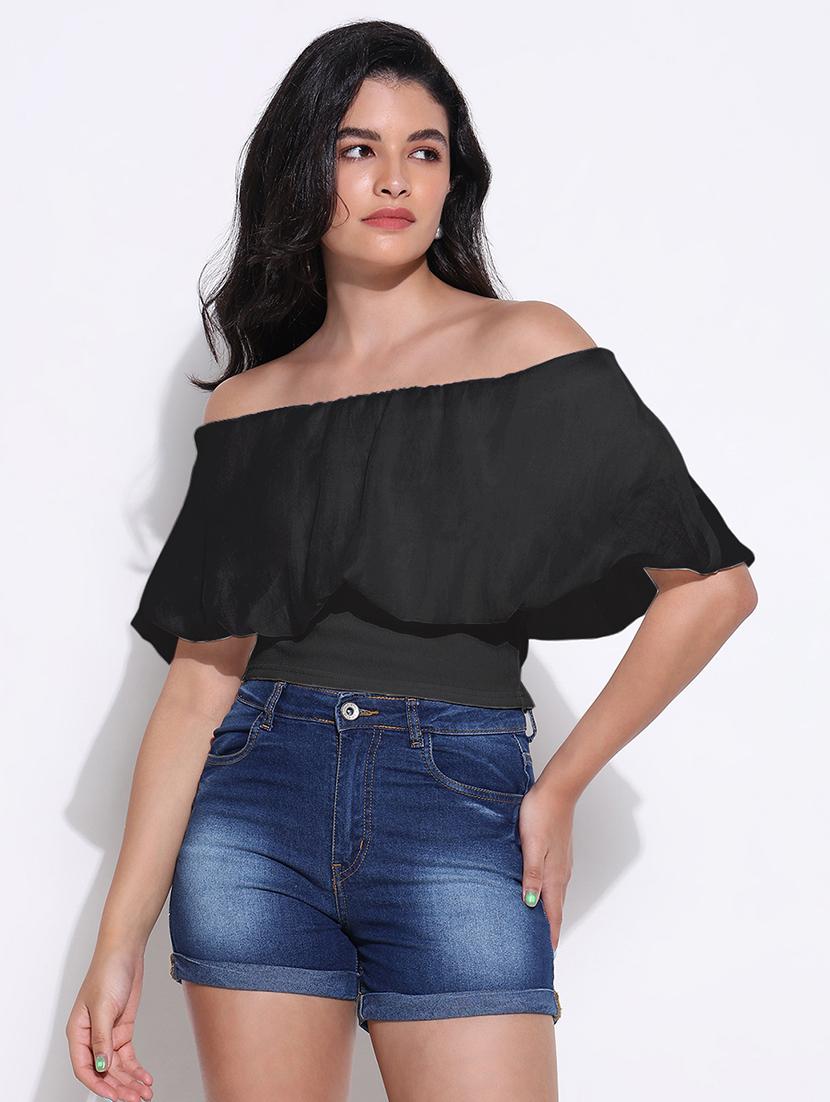 women solid off shoulder crop top - 21843012 -  Standard Image - 1