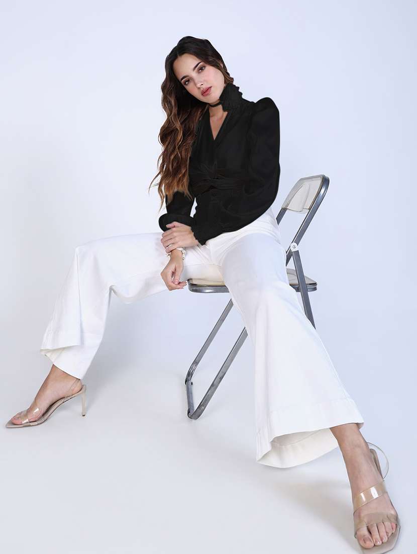 women solid puff sleeves crop top - 21843017 -  Standard Image - 4