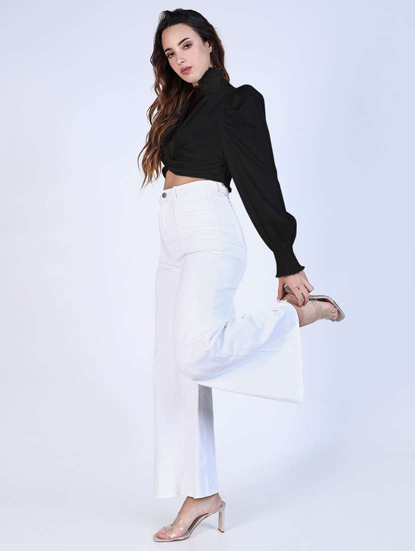 women solid puff sleeves crop top - 21843017 -  Standard Image - 6