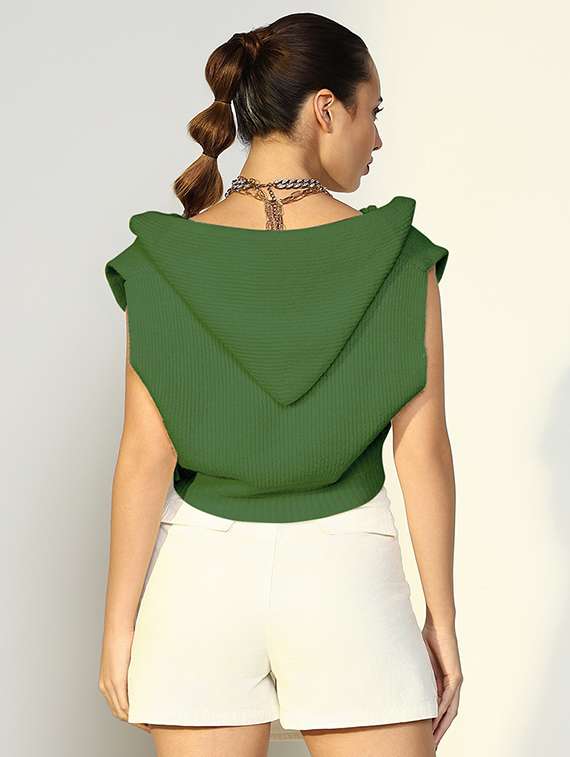 Women Solid Sleeveless Hooded Crop Cardigan