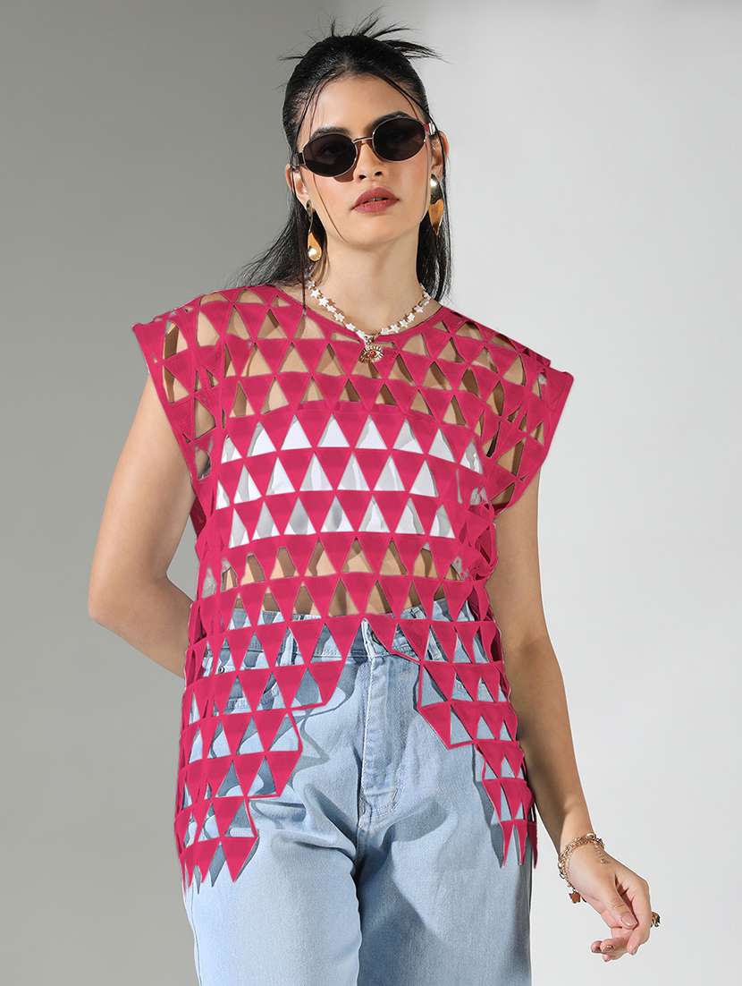 women solid sleeveless cut out detailed top