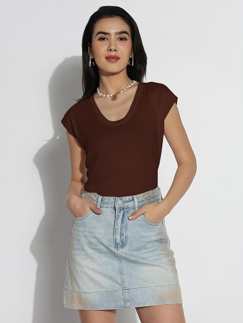 women solid cap sleeves regular top - 21843024 - Standard Image - 1