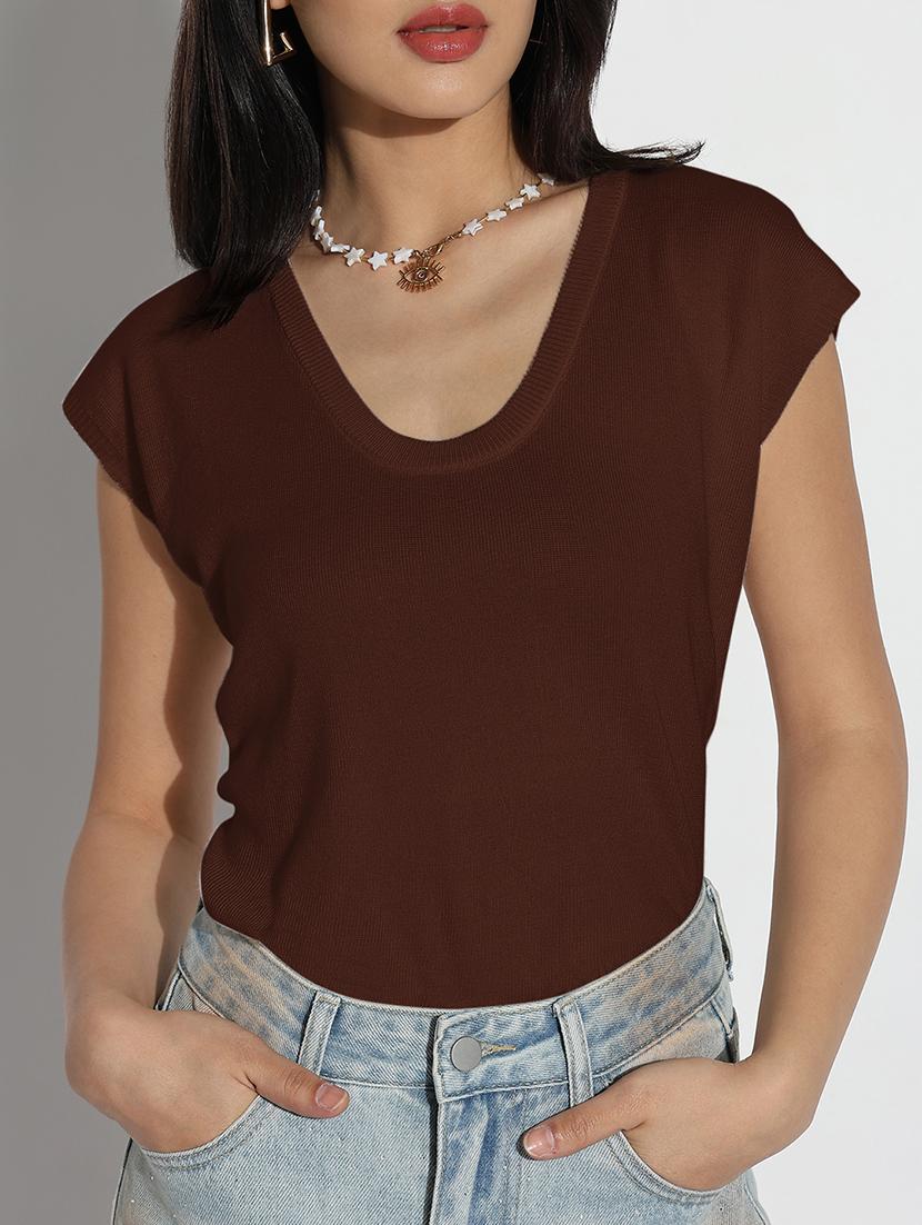 women solid cap sleeves regular top - 21843024 - Standard Image - 4
