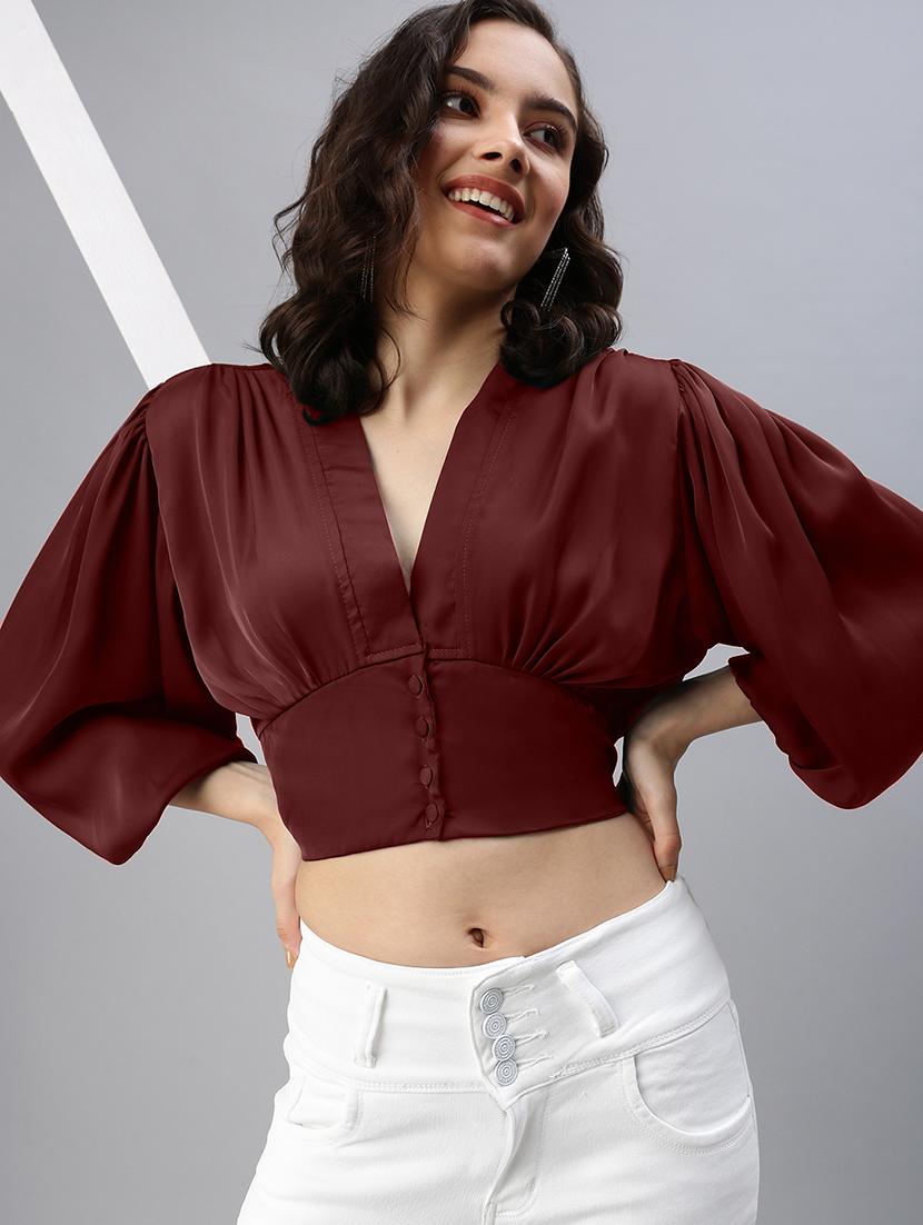 women solid puff sleeves crop top
