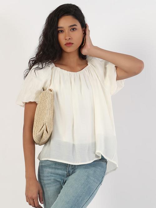 women solid puff sleeves regular top - 21843029 - Standard Image - 0