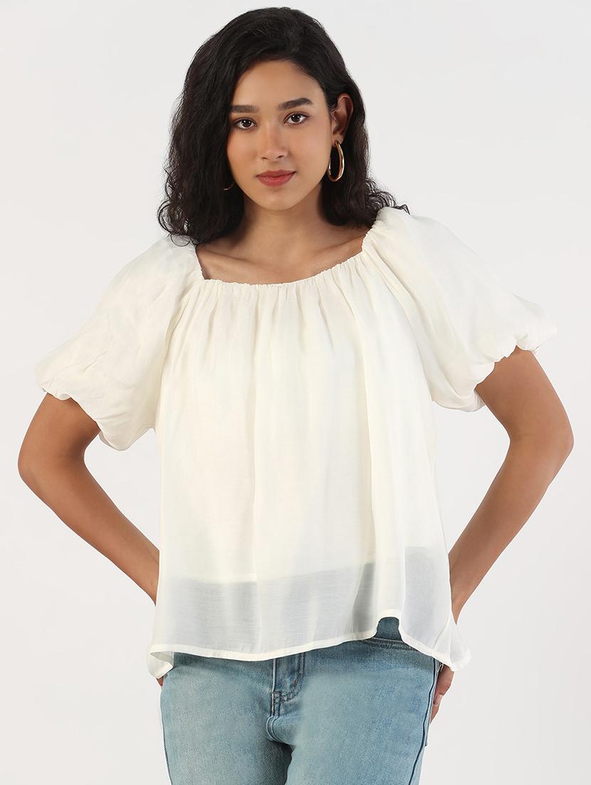 women solid puff sleeves regular top - 21843029 - Standard Image - 1