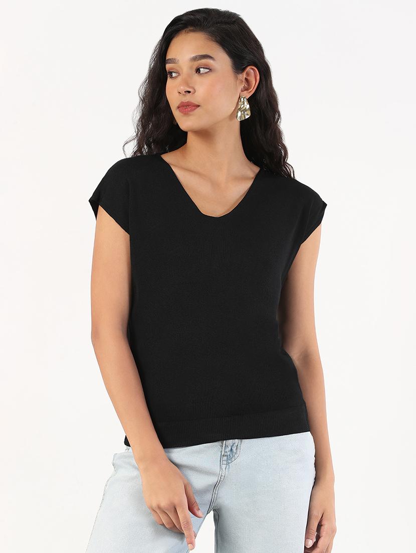 women solid cap sleeves regular top - 21843037 - Standard Image - 1