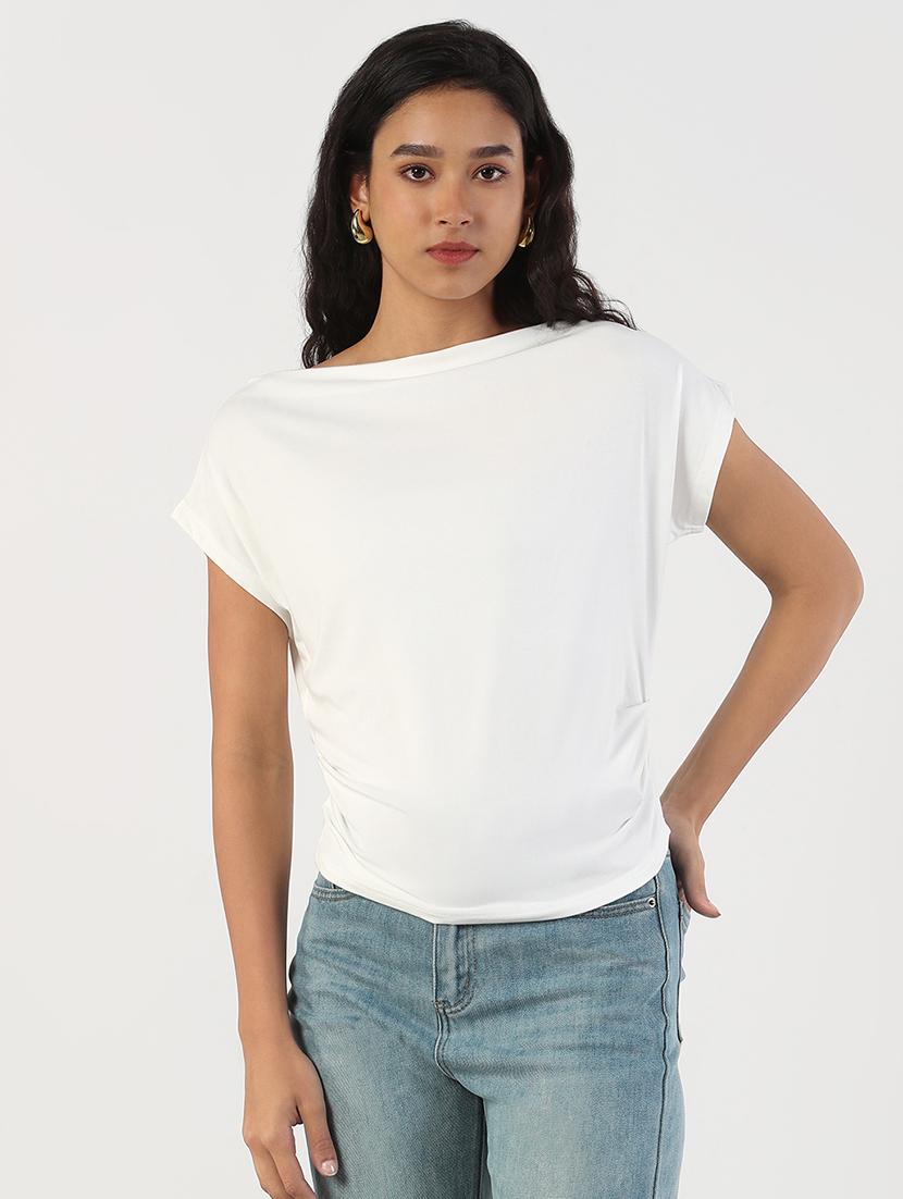 women solid boat neck regular top - 21843042 - Standard Image - 1