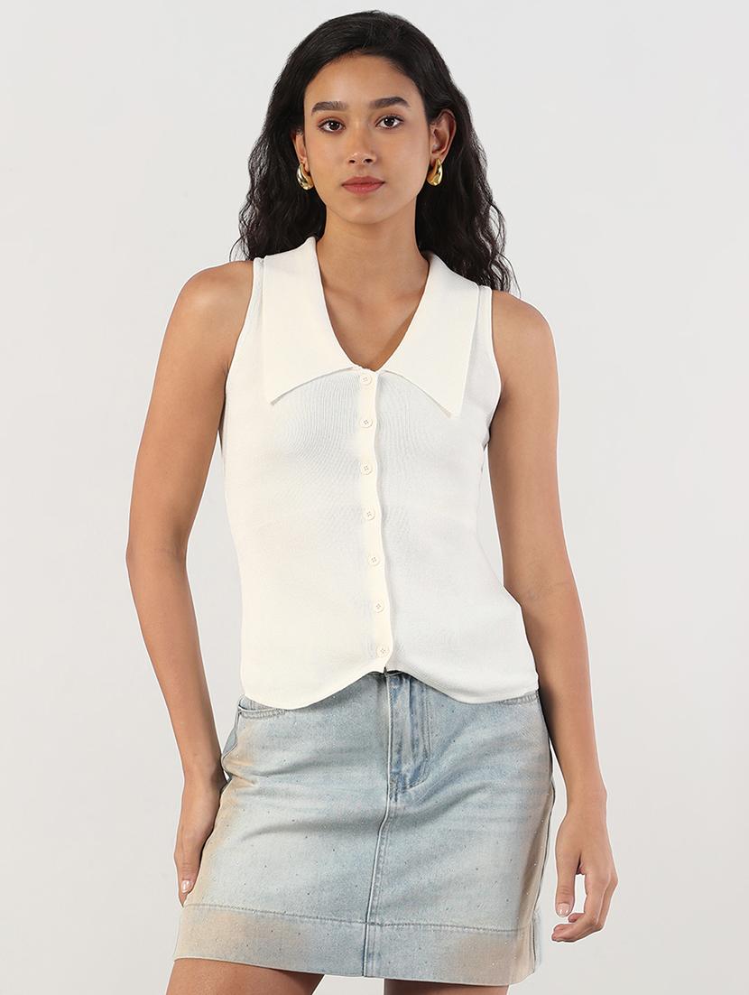 women solid sleeveless collared regular top - 21843043 -  Standard Image - 1