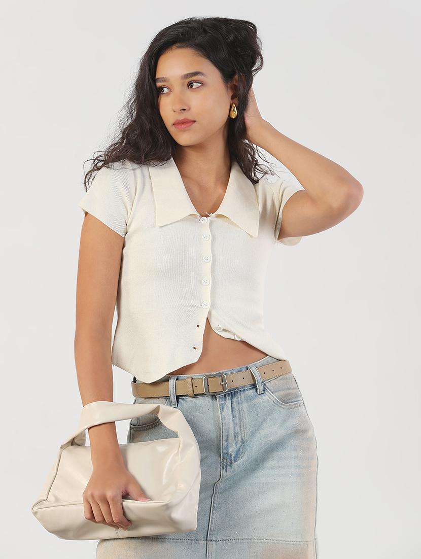 women solid collared short sleeves crop top - 21843046 - Zoom Image - 0