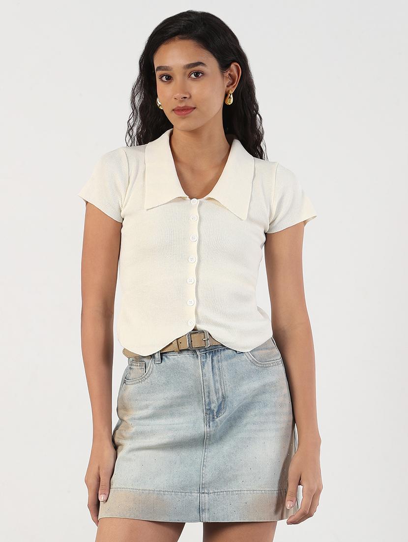 women solid collared short sleeves crop top - 21843046 - Standard Image - 1