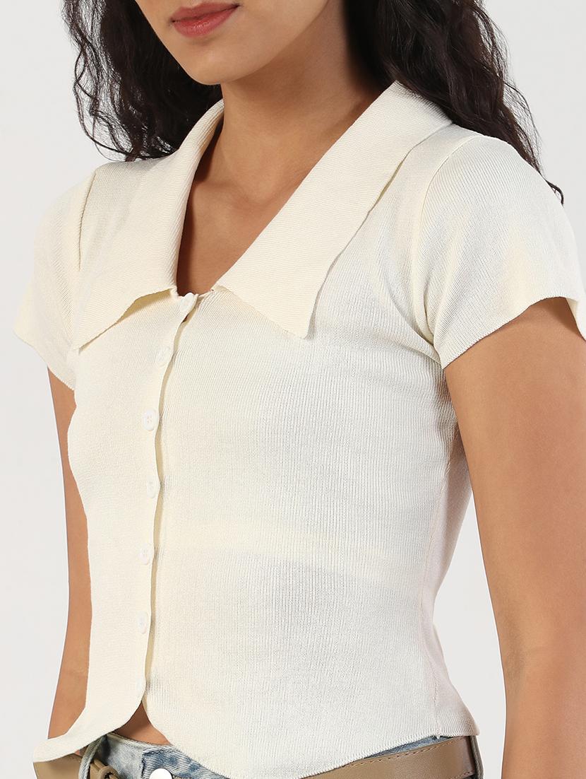 women solid collared short sleeves crop top - 21843046 - Standard Image - 4