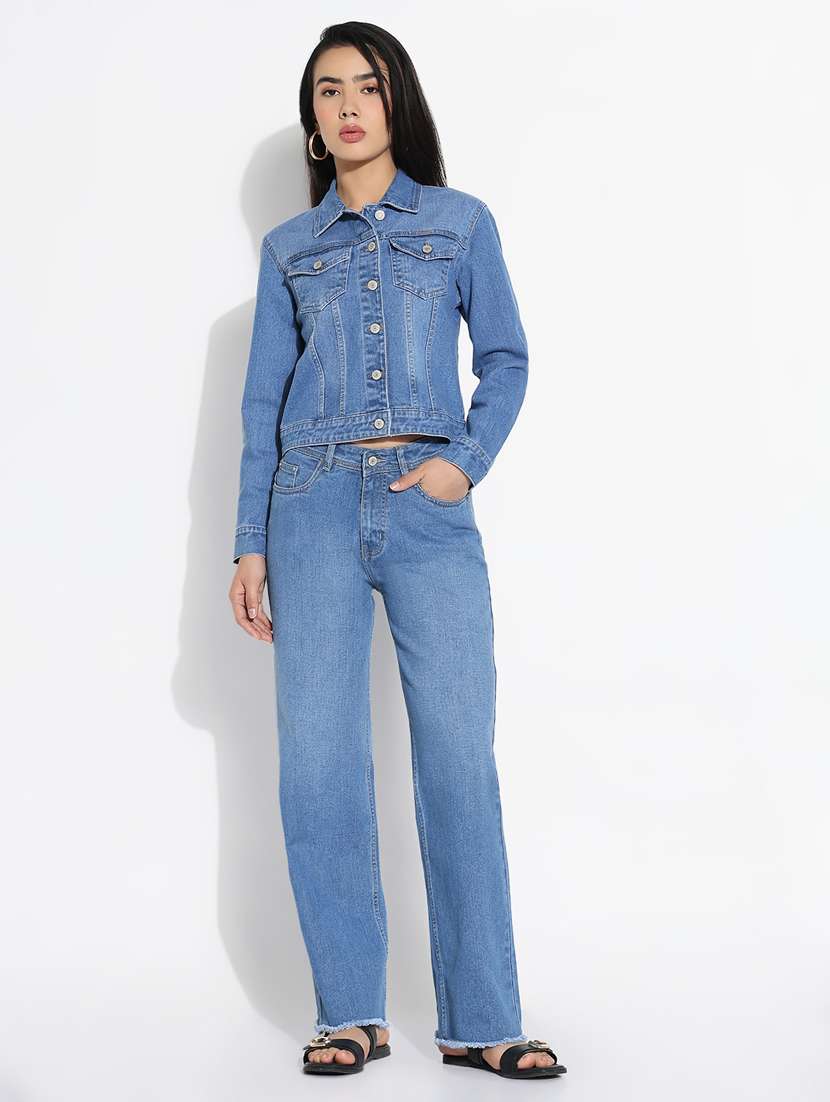 women solid denim shirt and trouser co-ord set