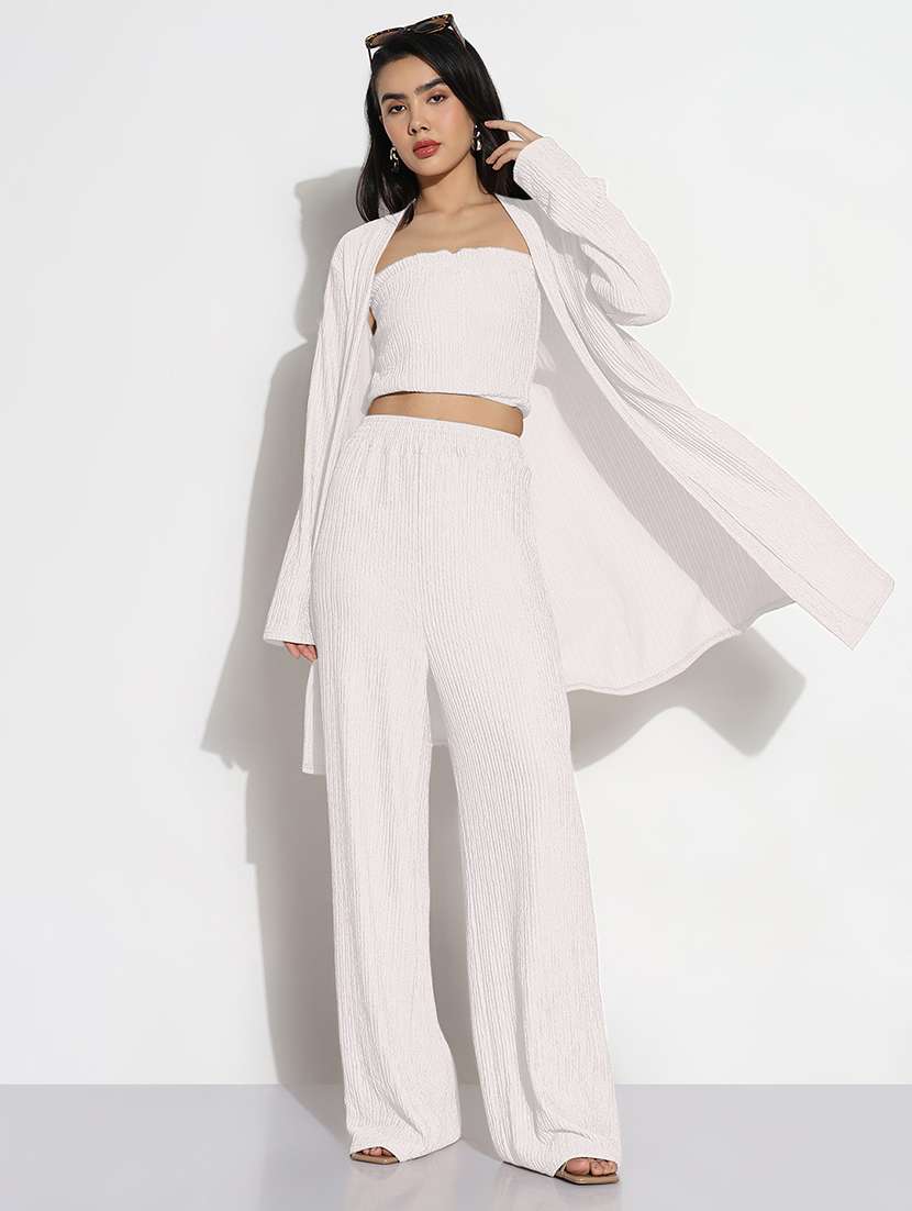 women solid top and trouser with shrug set 