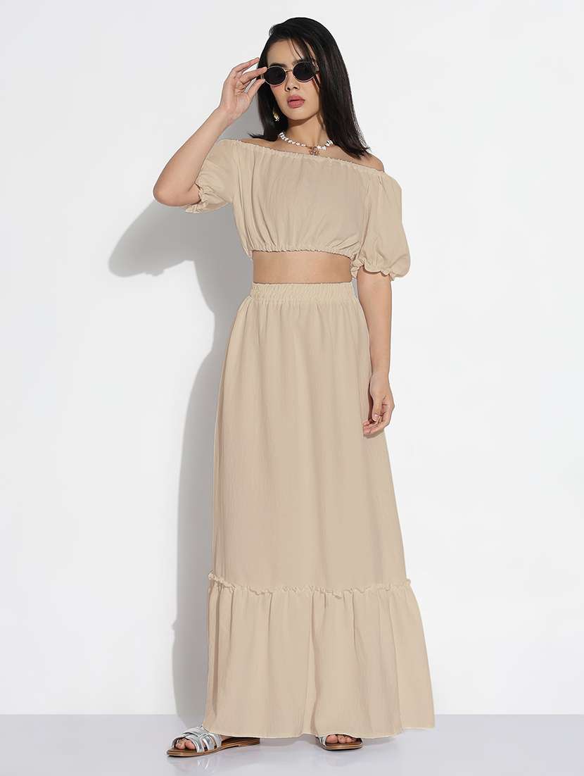 women solid off shoulder top and skirt co-ord set  - 21843082 -  Standard Image - 1