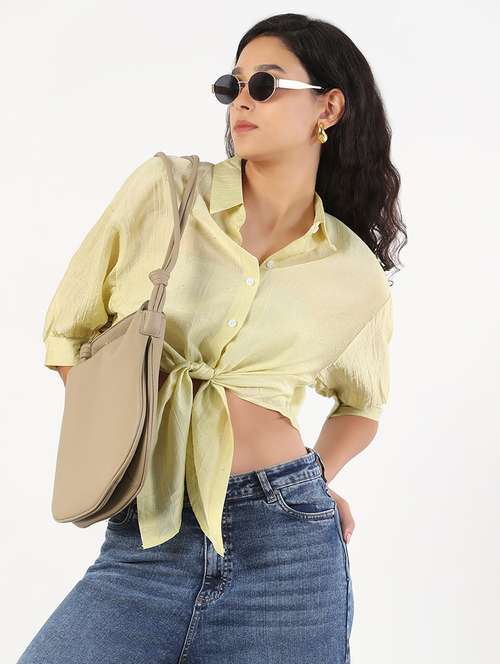 women solid puff sleeves crop shirt - 21843093 -  Standard Image - 0