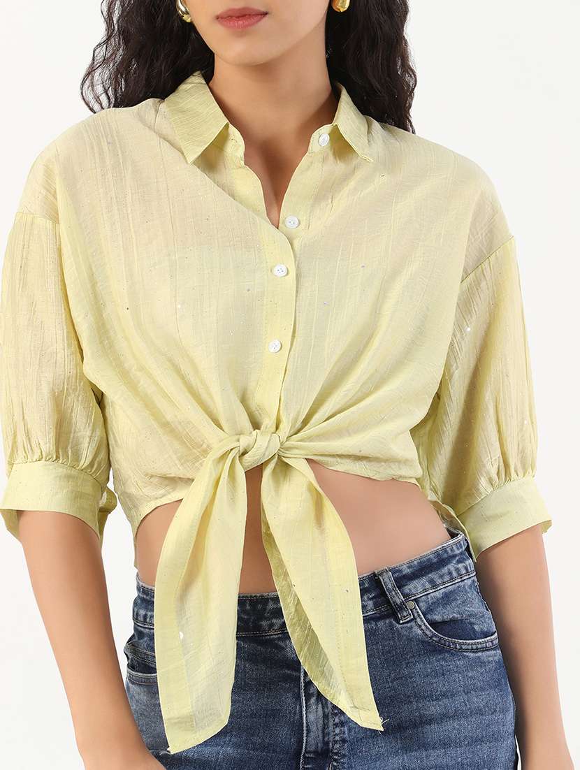 women solid puff sleeves crop shirt - 21843093 - Standard Image - 4