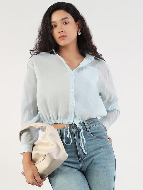 women solid collared long sleeves crop shirt - 21843110 - Standard Image - 0