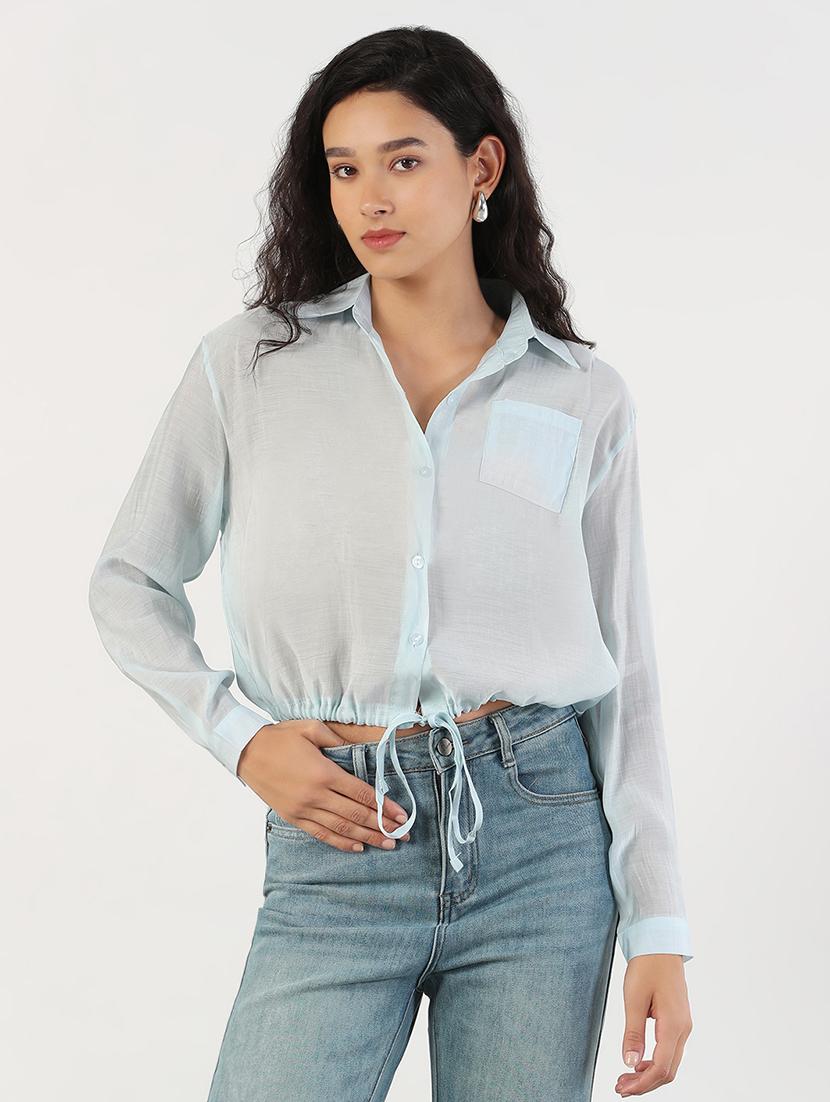 women solid collared long sleeves crop shirt - 21843110 - Standard Image - 1