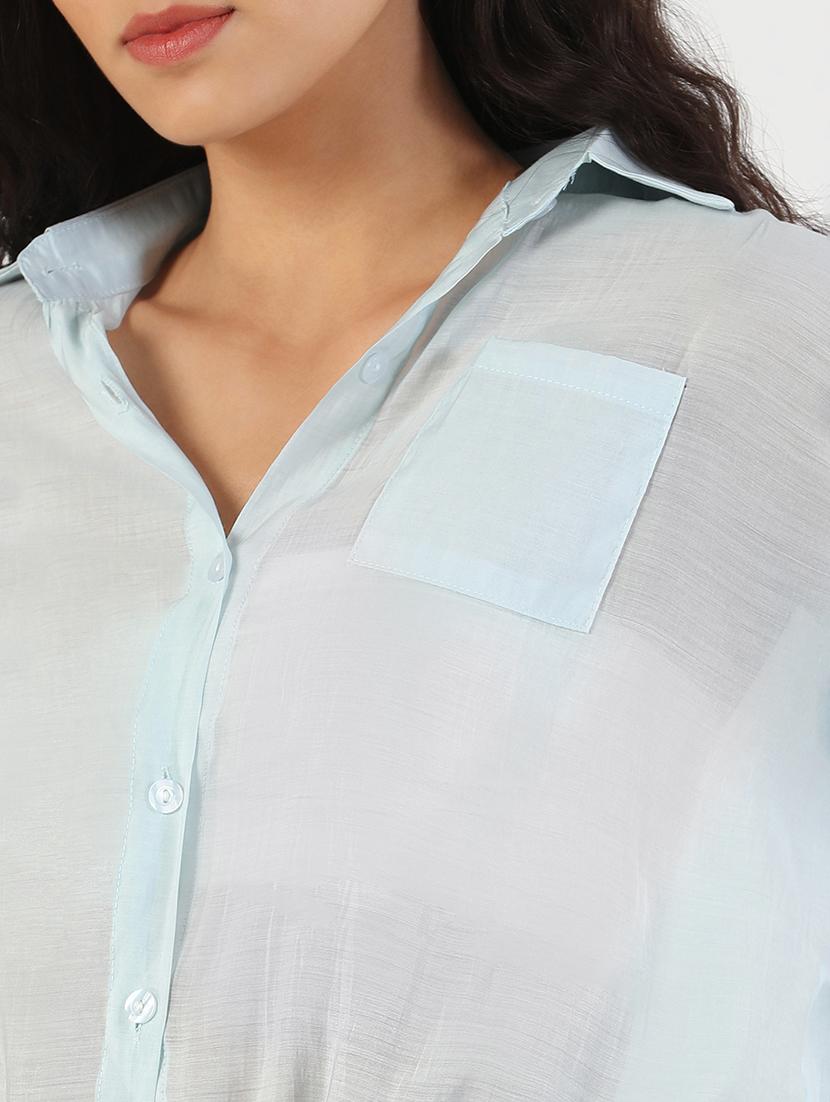 women solid collared long sleeves crop shirt - 21843110 - Standard Image - 4