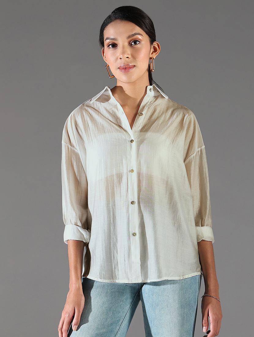 women collared long sleeves high-low shirt - 21843112 -  Zoom Image - 0