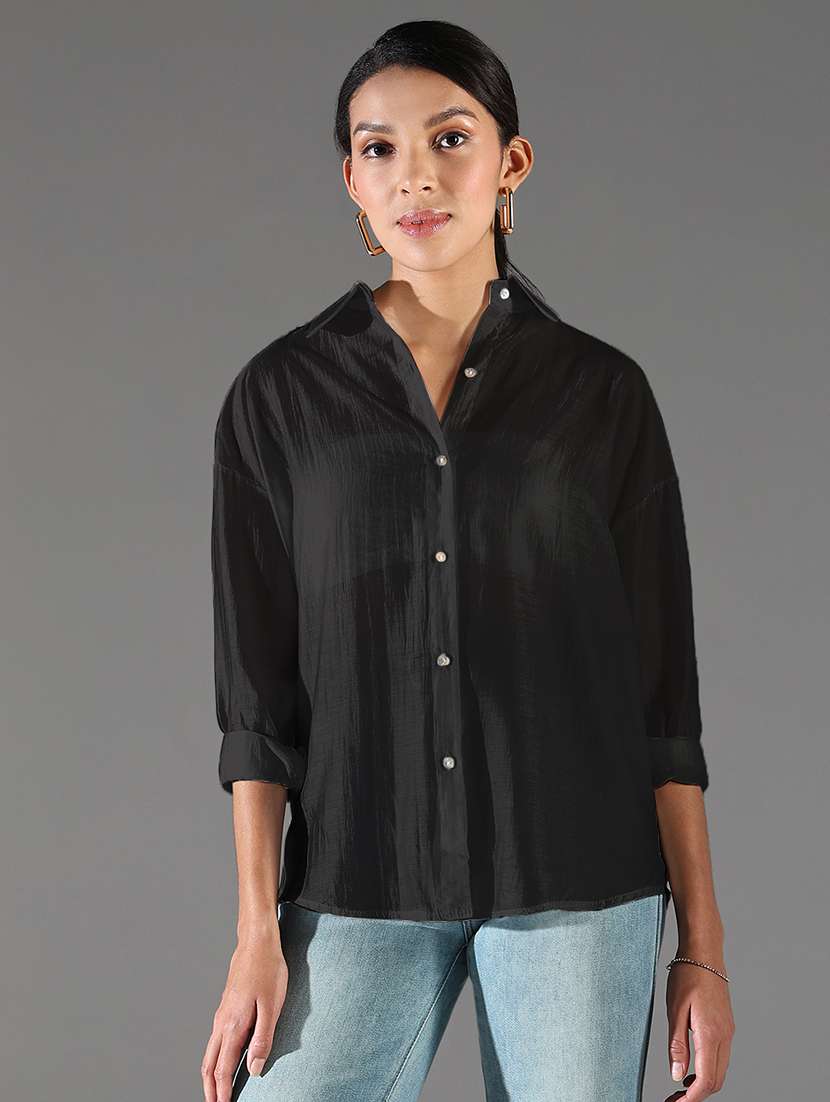 women collared long sleeves high-low shirt