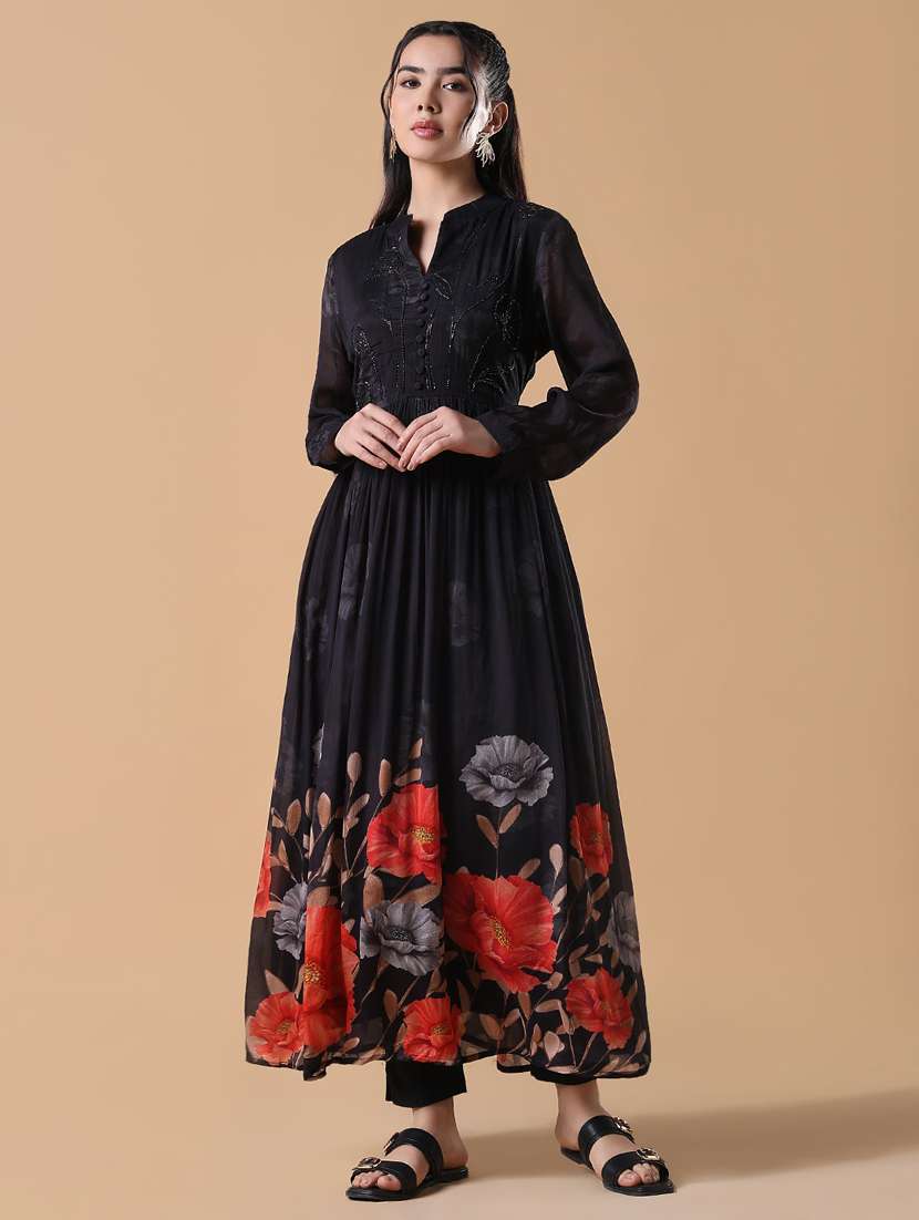 women black embroidered long sleeve flared kurta 