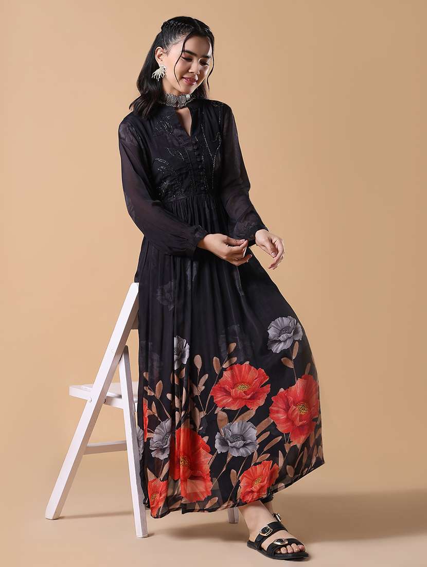 women black embroidered long sleeve flared kurta  - 21843124 -  Standard Image - 1