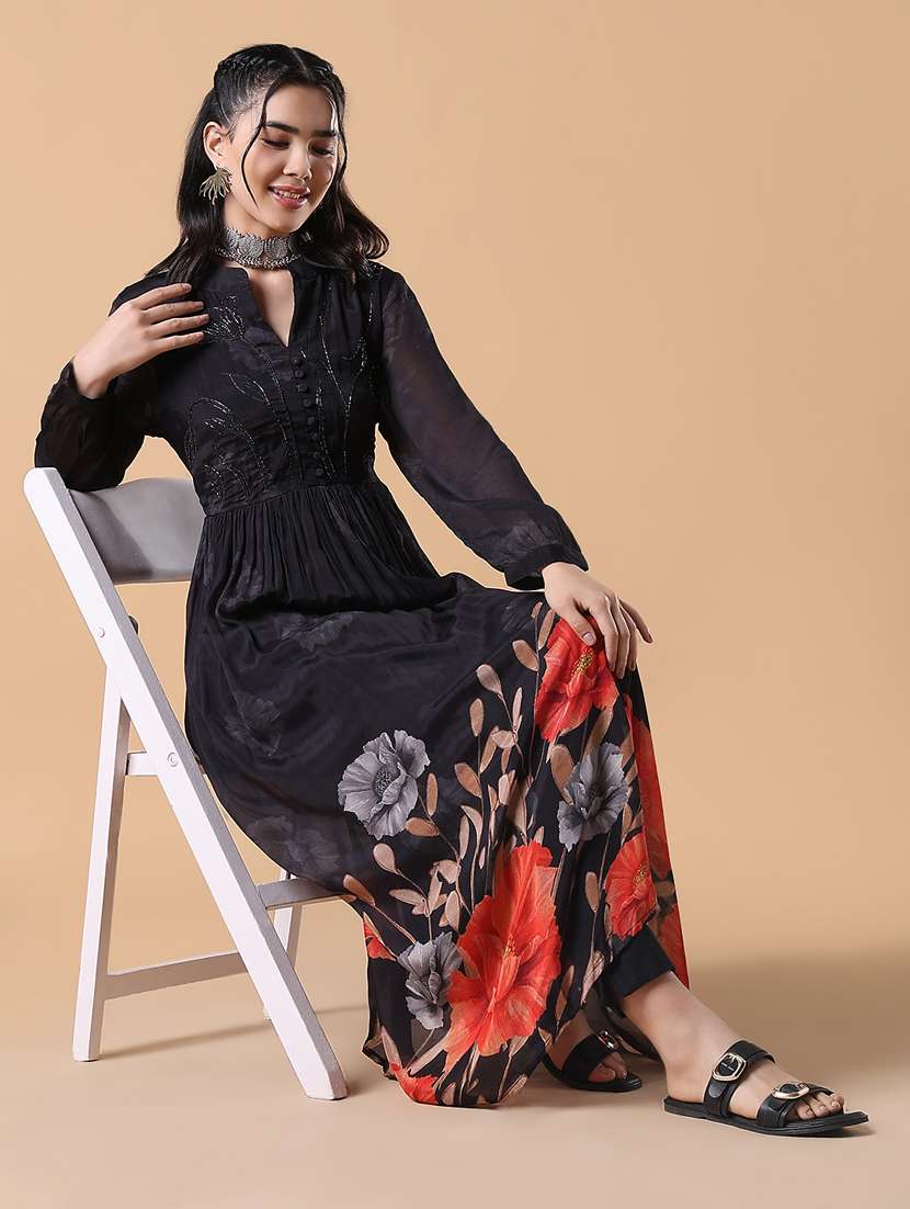 women black embroidered long sleeve flared kurta  - 21843124 -  Standard Image - 4