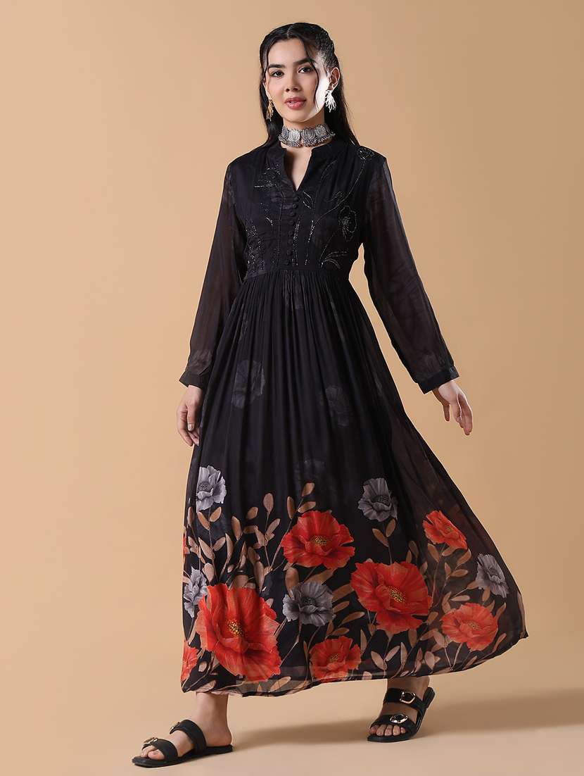 women black embroidered long sleeve flared kurta  - 21843124 -  Standard Image - 6