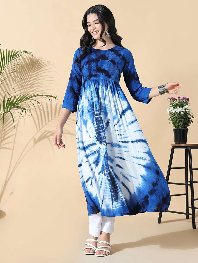 women tie & dye three quarter sleeve flared kurta - 21843125 -  Standard Image - 4